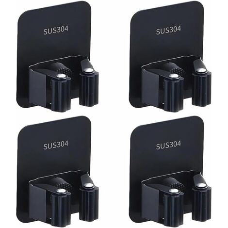 Kit de 4 supports muraux adhésifs en acier inoxydable pour balai – Solution de rangement mural polyvalente pour cuisine, garage, salle de bain et jardin (noir)