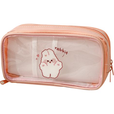 Transparent Pencil Case Cute Cartoon Pattern Large Capacity Waterproof PVC Pen Case Pencil Storage Bag Pink Bunny (1/5)