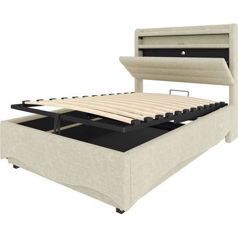 Cama tapizada 90 x 200 cm con LED, almacenaje hidráulico, USB-C y USB, beige, HOMVRA (1/5)