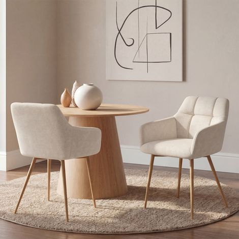 Lote de 2 sillas GINA de tela de chenilla beige con patas de efecto madera (1/5)