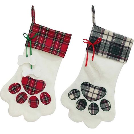Chaussettes de Noël à motifs de pattes de chien et de chat, 45 cm, en flanelle à carreaux, à suspendre au sapin ou à la cheminée. (1/5)