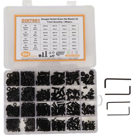 884PCS M2 M3 M4 M5 Carbon Steel Hex Socket Screw Nut Washer Kit with Storage Box Black