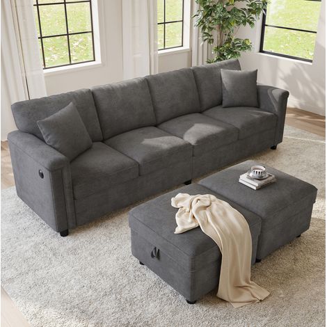Canapé modulable 6 places en tissu gris, forme L ou U, 2 poufs avec coffres, prises USB et Type-C, 261 x 134 x 82 cm, confort et rangement idéal pour le salon - CHICFURN (1/5)