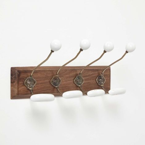 HOMESCAPES Vintage Wandgarderobe mit Keramikhaken an Massivholzleiste