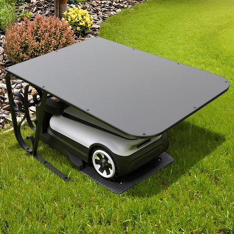 Randaco Garage per robot tosaerba in pannelli compositi di alluminio, 80x56x43 cm, nero con telaio ventilato – Protezione dalle intemperie per il vostro robot tosaerba