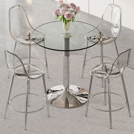 Conjunto de mesa alta con 4 taburetes (89x89x92 cm), sobre de cristal transparente, base metálica, plateado y transparente (1/5)