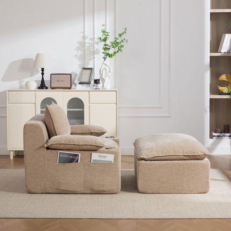 Chaise longue en chenille,emballée sous vide avec 4 coussins,porte-gobelet et sac de rangement,sans assemblage pour balcon du salon - kaki lumineux (1/5)
