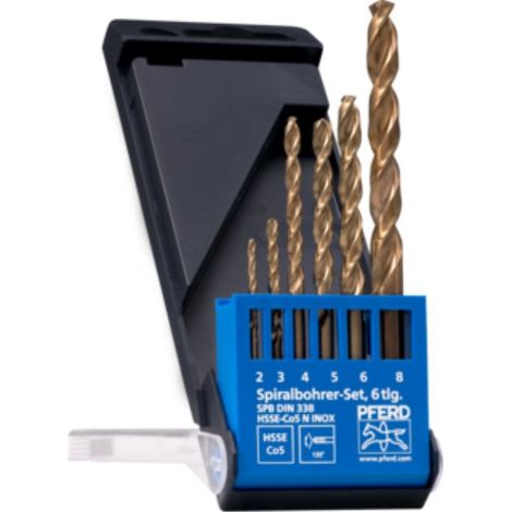 PFERD JEU DE 6 FORETS HÉLICOÏDAUX EN INOX Ø 2-8 MM, HSS-E CO5 N, DIN 338, 135° 25298004 - POUR MATÉRIAUX DURS ET DURS (1/2)