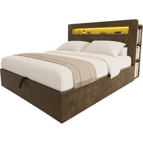 Lit coffre 180x200 avec rangement hydraulique, tête de lit LED et prises intégrées, cadre de lit en bois vintage pour chambre moderne - CHICFURN (1/5)