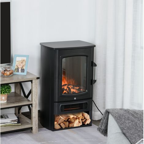 Estufa eléctrica de suelo con efecto llama realista, termostato, 1000/2000 W, negro (1/5)