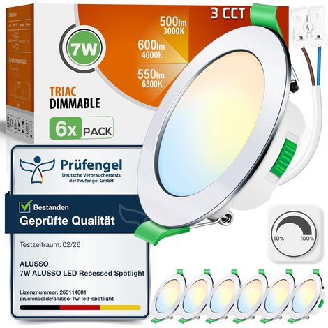 Lot de 6 Spot LED Encastrable 68mm,7W Led Spot Dimmable AC 220-240V,3000K 4000K 6500K Étanche IP44 Réglable Plafonnier Encastré pour Salle de Bain,Salon,Chambre,Cuisine,Rond,Noir (1/5)
