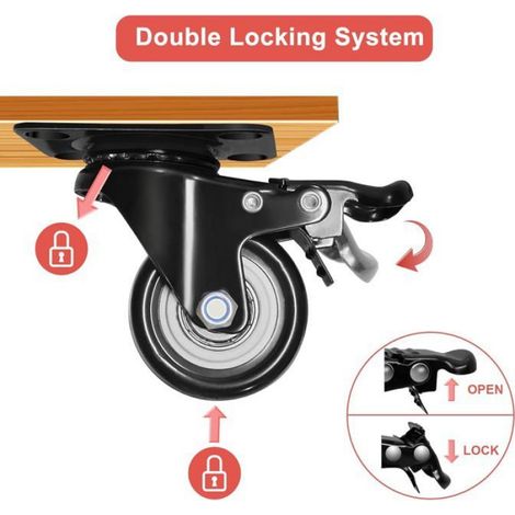 Roulettes Pivotantes Avec Frein - 50 mm Caoutchouc - Pour Meubles - Charge Max 280 kg - Lot de 4 (1/4)