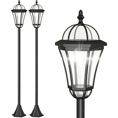 Set mit 2 Solar-Gartenlaternen. Wetterfeste Wegeleuchten, 129 cm hoch. Mit LED. 6 Stunden Leuchtdauer. Schutzart IP44. Solarleuchte für den Außenbereich. Schwarz.