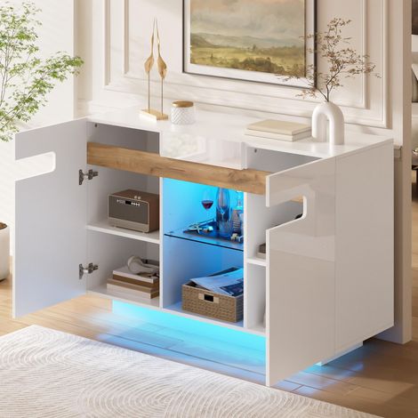 Buffet LED, 20x40x80 cm, Commode meuble de rangement pour salon et cuisine, Panneaux de particules et verre style moderne 1, Blanc et Naturel (1/5)