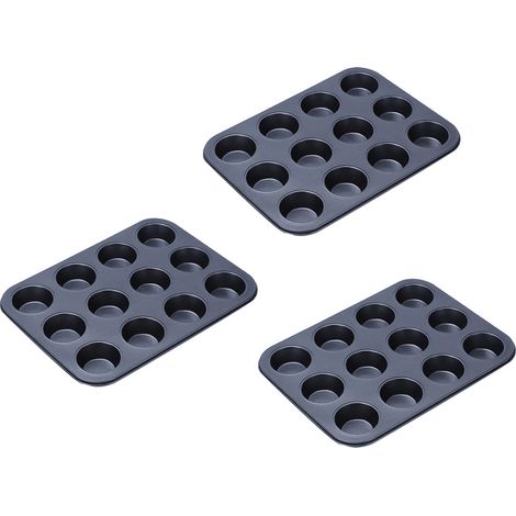 3er-Set Backformen aus Kohlenstoffstahl mit 12 Mulden, antihaftbeschichtet, rund, geeignet für Cupcakes, Muffins, Pfannkuchen und Kuchen, schwarz (1/5)