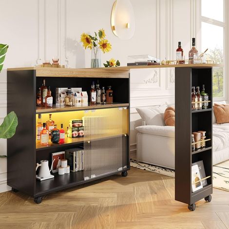 Table de Bar Extensible Avec Espace de Rangement, Cuisine Moderne Mobile, Télescopique Avec LED, Haute Cuisine, 138-204×39×105cm (Noir)