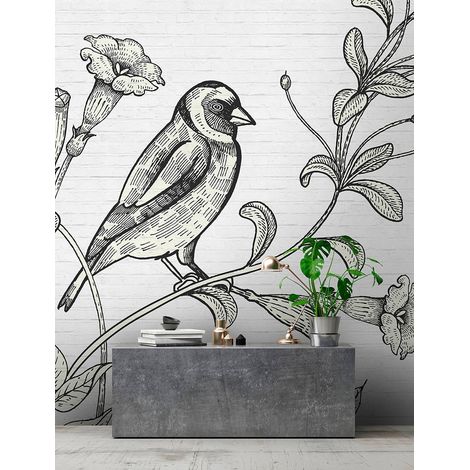 Papier peint panoramique oiseaux noir & blanc | Tapisserie panoramique fleurie avec oiseau pour salon | Papier peint panoramique animaux moderne - 270 x 400 cm (4 pièces) (1/5)