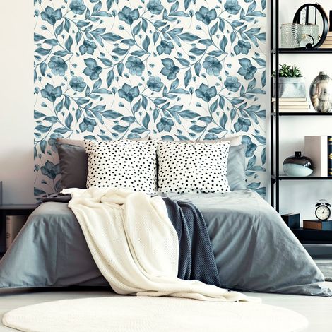 Papier peint intissé pré-encollé - FLEURS D'ÉTÉ BLEUES - 1 rouleau de 300x60cm (1/5)