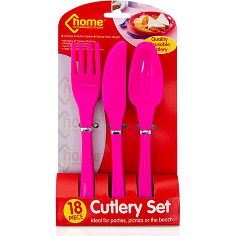 PMS 18Pc Knife, Fork & Spoon Plastic Cutlery for Parties, Picnic or Beach, Pink (1/3)