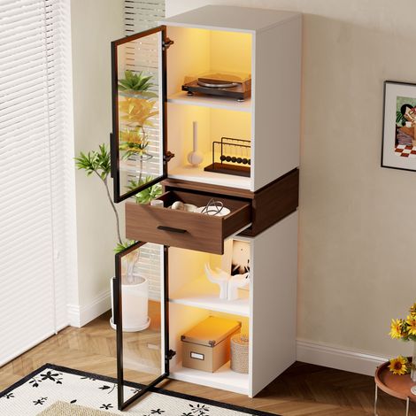Grande vitrine en verre 4040200 cm avec éclairage LED – meuble blanc avec deux portes vitrées et un tiroir. Un meuble polyvalent adapté au salon, au bureau et à la salle à manger.