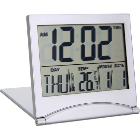 Reloj despertador digital con cronógrafo: 1 caja de plástico plegable (8,5 x 7,7 x 1,2 cm), indicador de temperatura ambiente, 8 melodías, función de repetición de alarma, incluye pila CR2505. (1/5)