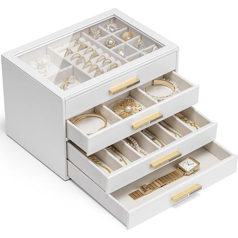 Boîte à bijoux Grande 4 niveaux, avec couvercle en verre, Cuir PU (1/5)