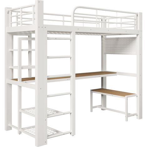 Hochbett 90 x 200 cm aus weißem Metall mit Schreibtisch, Stauraum und LED MODENUIT (1/5)