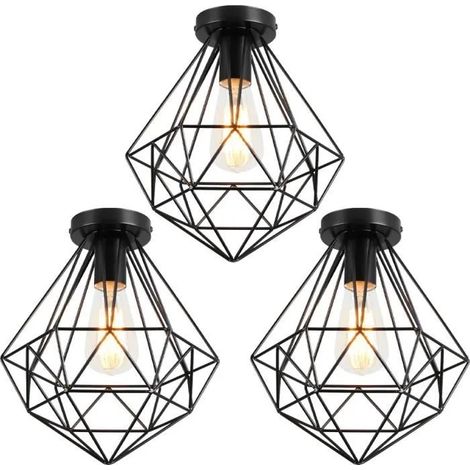 kawoo Lot de 3 Plafonnier Vintage,Lampe Plafonnier Industrielle en Cage Fer Style Edison pour Salon Chambre (1/4)