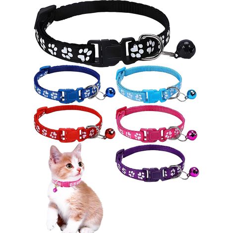 Lot de 6 colliers réfléchissants pour chat avec clochette, colliers solides et sûrs pour chats, nylon, couleurs mélangées, colliers pour animaux de compagnie, breloques de collier pour chat, couleurs (1/5)