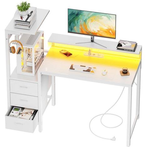 EcoFurnix Bureau gaming con LED 112 cm – Tavolo per computer con supporto per schermo, Mensola di stoccaggio e cassetto in tessuto – Bianco