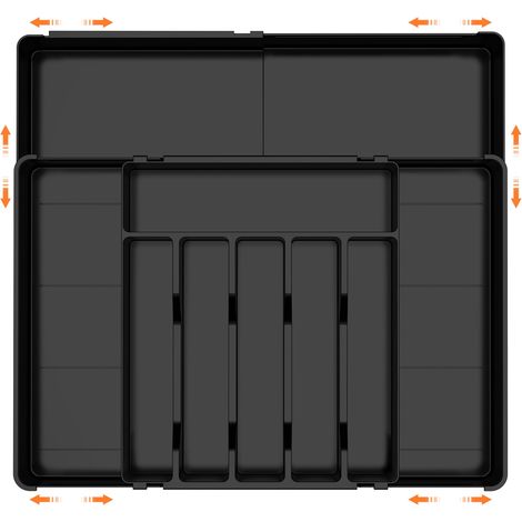 Organizzatore per posate per cassetti, 6-9 scomparti, vassoio portautensili estensibile per cassetti, 36,5 cm-54 cm, per cucchiai, forchette, coltelli e piatti, robusto, facile da pulire, nero