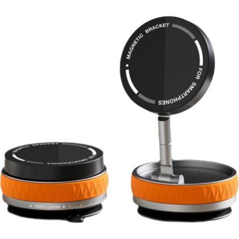 Soporte magnético para coche con ventosa - Rotación de 360°, aleación de zinc, plegable, fijación magnética universal, ligero, apto para coche y escritorio - Naranja