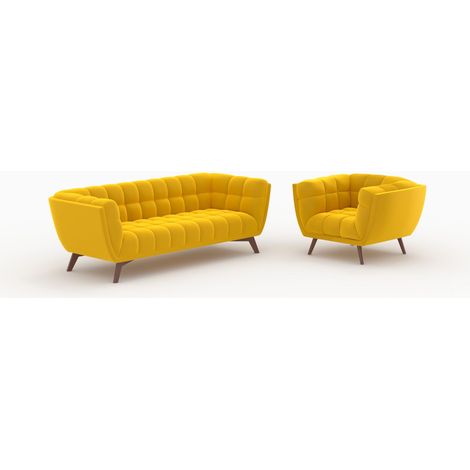 Ensemble canapé et fauteuil en velours jaune 4 places - Mona