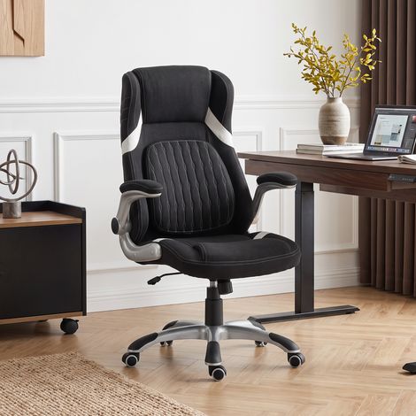 Fauteuil de bureau ergonomique en tissu effet lin avec soutien lombaire, hauteur réglable, à bascule, noir (1/5)