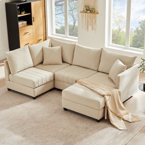 Canapé d'angle moderne avec pouf convertible, idéal pour les salons, les appartements et autres espaces.