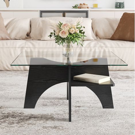 Mesa de centro cuadrada 80x80x40 cm de vidrio templado negro con almacenaje FloraGrace (1/5)