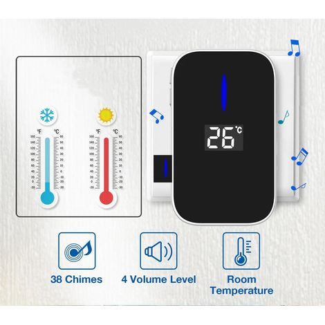 Campanello senza fili, campanello senza fili senza batteria, campanello autoalimentato, kit campanello elettronico con display della temperatura, 38 suonerie, 4 modalità di volume per casa e ufficio ( (1/4)