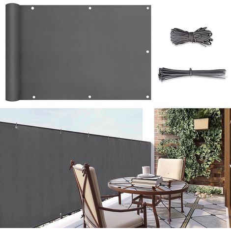 Sunula Balkon Sichtschutz Blickdicht PES Balkonverkleidung Windschutz Ohne Bohren, mit Nylon Kabelbinder und Kordel, Patentierte Reißfeste Ösen, Wetterfest, Anthrazit, 90x300 cm (1/5)