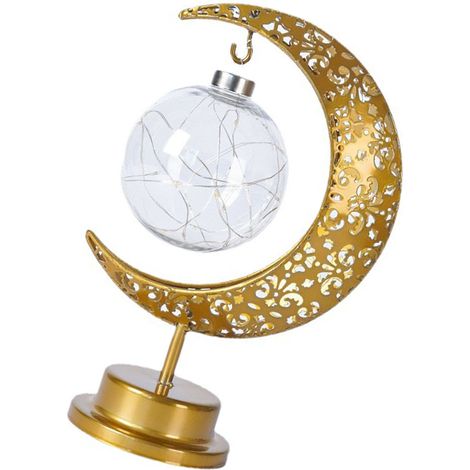 Lampe de table en forme de lune avec motif ajouré en fer forgé, veilleuse décorative suspendue à LED en forme de lune (1/5)