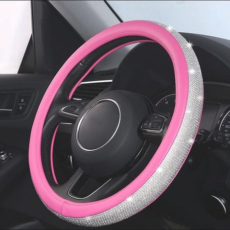 Housse de volant en cuir rose fuchsia à strass et cristaux scintillants pour femme et fille. Convient aux SUV, fourgonnettes, berlines, voitures et ca (1/5)