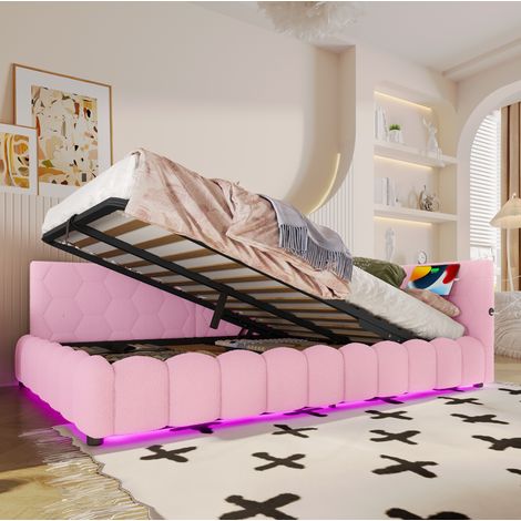 Lit banquette moderne en velours rose 140x200 cm avec tête de lit, sommier à lattes, coffre relevable, LED USB et Type-C
