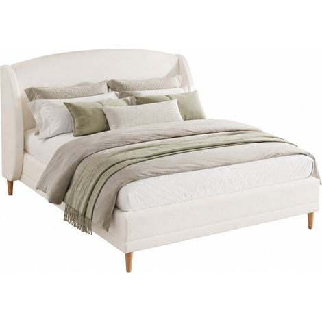 Lit capitonné 140 x 190 cm en tissu bouclette blanc ivoire, tête de lit à oreilles, sommier à lattes inclus, pieds en bois d'hévéa - CHICFURN (1/5)