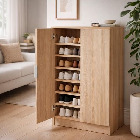 Armadio Multiuso 2 Ante Scarpiera Salvaspazio Con 6 Ripiani Estraibili Mobile Porta Scarpe Ingresso Corridoio Camera Ripostiglio Design Moderno Minimal 108 x 55 x 39.6 Cm Colore Rovere - Colore: Rover (1/5)