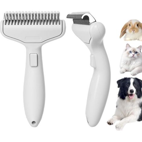 Spazzola districante per cani e gatti con pratico pulsante di rilascio. Efficace contro la caduta del pelo e il sottopelo. Colore bianco. (1/5)
