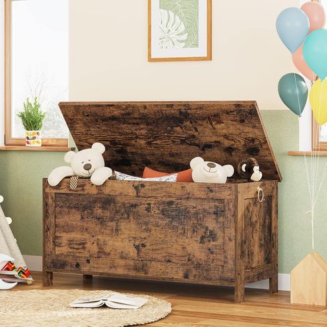 Wooden Storage Chest Trunk, Bed End Storage Bench, Large Capacity Toy Chests with Lid, Blanket Box Organizer Unit, 100 x 40 x 48 cm, for Entryway, Hallway, Bedroom, Rustic Brown HOOBRO EBF100CW01