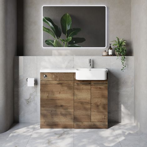Napoli 250 Tobacco Oak 1000mm 2 Door Vanity Unit Toilet Suite with Right Hand Round Rico Semi Recessed Basin - 1000mm - Chrome 160mm HandleWithout Kingston Toilet Pan