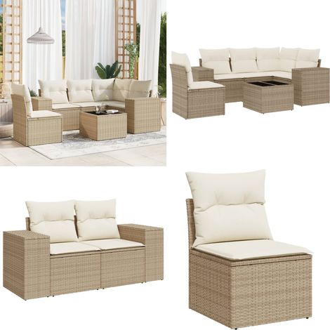 6-tlg. Garten-Sofagarnitur mit Kissen Beige Poly Rattan - Gartenmöbel Set - Esszimmergarnitur - Outdoor Möbel - Lounge Garnitur - Rattan Gartenmöbel - Home & Living (1/5)