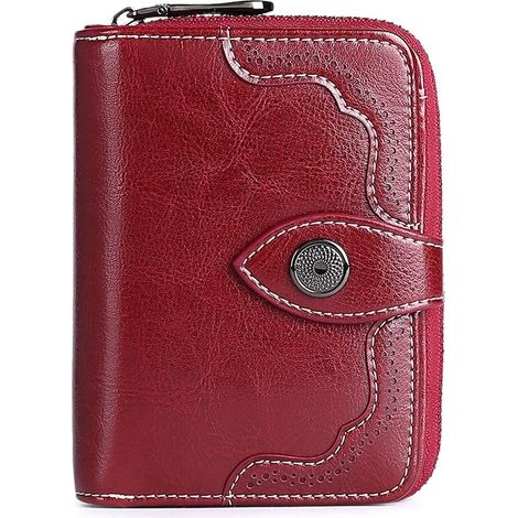 Petit portefeuille à deux volets en cuir pour femme avec blocage RFID (vin rouge) (1/2)
