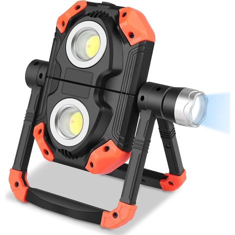 Rechargeable LED Work Light, Folding Spotlight with 360° Rotation, Portable Waterproof Outdoor Safety Light with Stand for Car Repair, Camping, Orange (1/5)