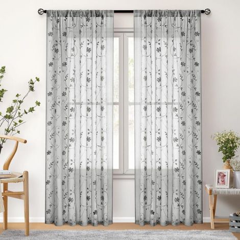 Rideaux en tulle à motif floral brodé en deux pièces, rideaux en tulle à tringle pour la maison, rideaux occultants semi-transparents, 132x160cm, gris (1/5)